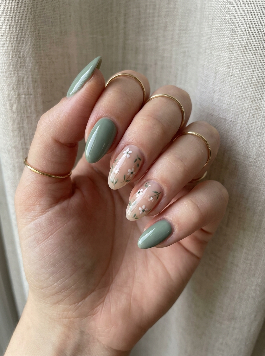 Sage Green Floral Nails mit gedämpftem Grün und weißen Blüten